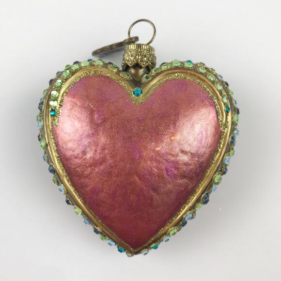 Jay Strongwater Heart Ornament Blown Glass Hand Painted Swarovski Detail Glitter - Picture 2 of 13